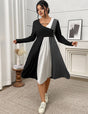 Women Plus Size Long Sleeve Color Block Midi Dress - PRUSES