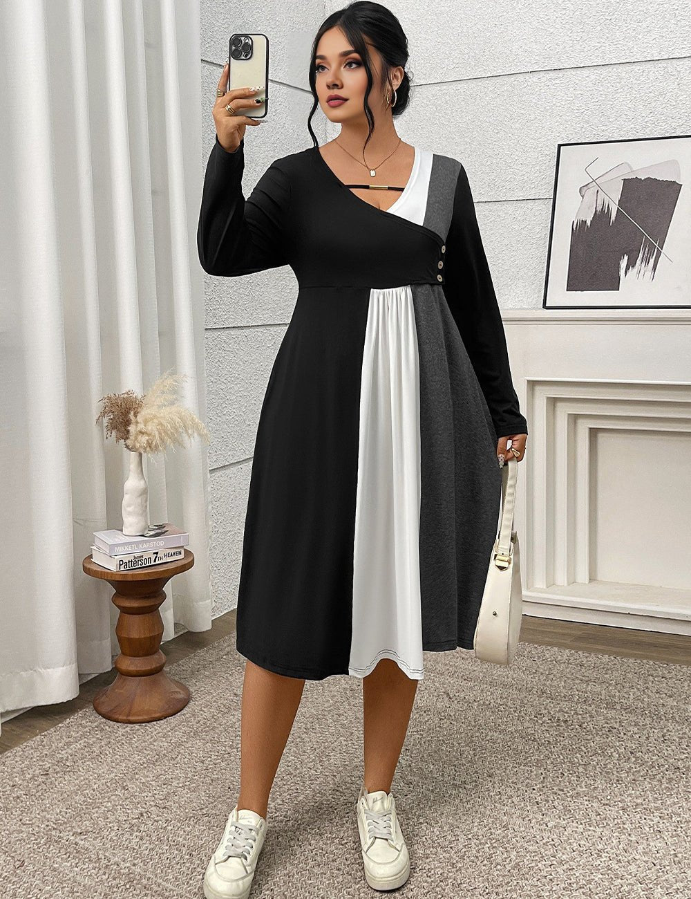 Women Plus Size Long Sleeve Color Block Midi Dress - PRUSES