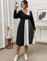 Women Plus Size Long Sleeve Color Block Midi Dress - PRUSES