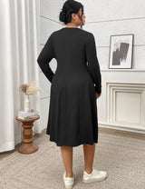 Women Plus Size Long Sleeve Color Block Midi Dress - PRUSES