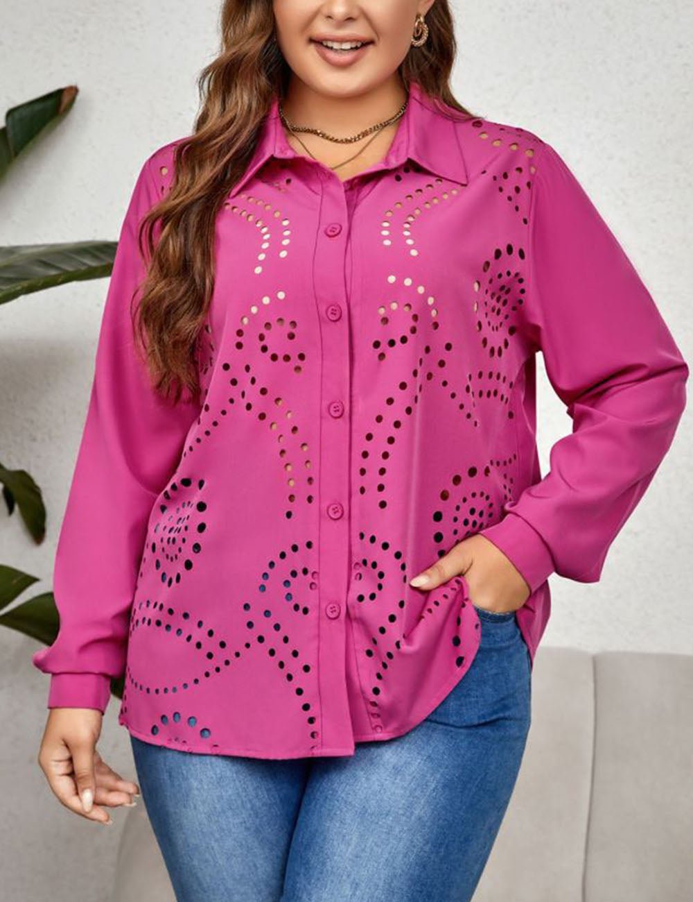Women Plus Size Long Sleeve Cutout Button Blouse | PRUSES - PRUSES