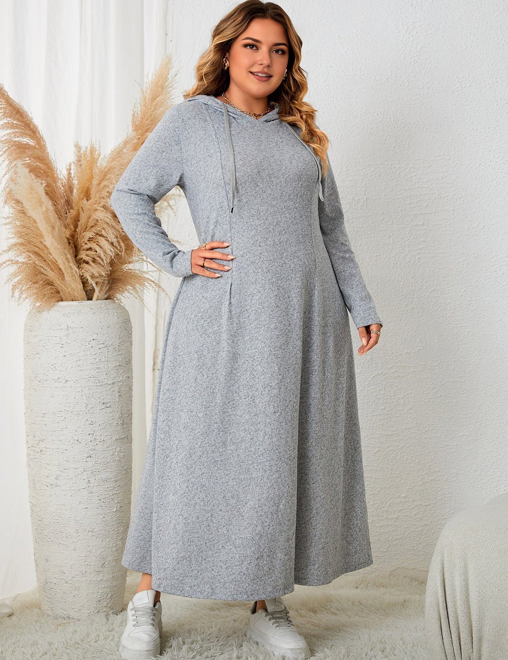Women Plus Size Long Sleeve Hooded Sweatshirt Dress - PRUSES
