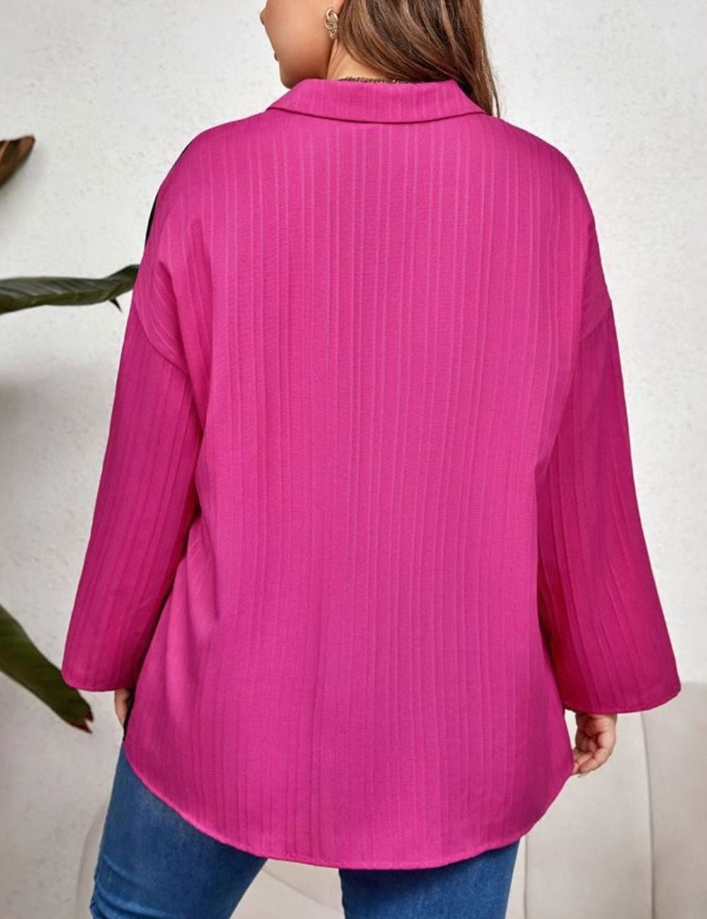 Women Plus Size Long Sleeve Lapel Color Blocking Blouse | PRUSES - PRUSES