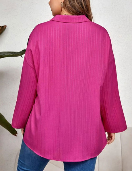 Women Plus Size Long Sleeve Lapel Color Blocking Blouse | PRUSES - PRUSES