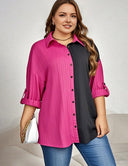 Women Plus Size Long Sleeve Lapel Color Blocking Blouse | PRUSES - PRUSES