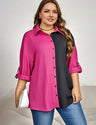 Women Plus Size Long Sleeve Lapel Color Blocking Blouse | PRUSES - PRUSES