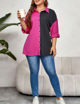Women Plus Size Long Sleeve Lapel Color Blocking Blouse | PRUSES - PRUSES