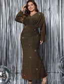 Women Plus Size Long Sleeve Mermaid Hem Fishtail Maxi Dress - PRUSES