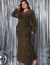 Women Plus Size Long Sleeve Mermaid Hem Fishtail Maxi Dress - PRUSES