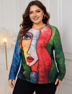 Women Plus Size Long Sleeve Print Oversized T-Shirts - PRUSES