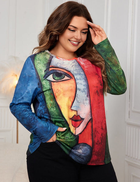 Women Plus Size Long Sleeve Print Oversized T-Shirts - PRUSES