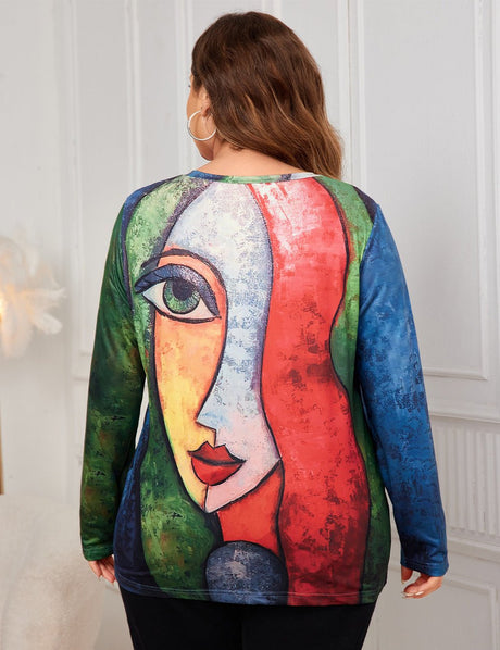 Women Plus Size Long Sleeve Print Oversized T-Shirts - PRUSES