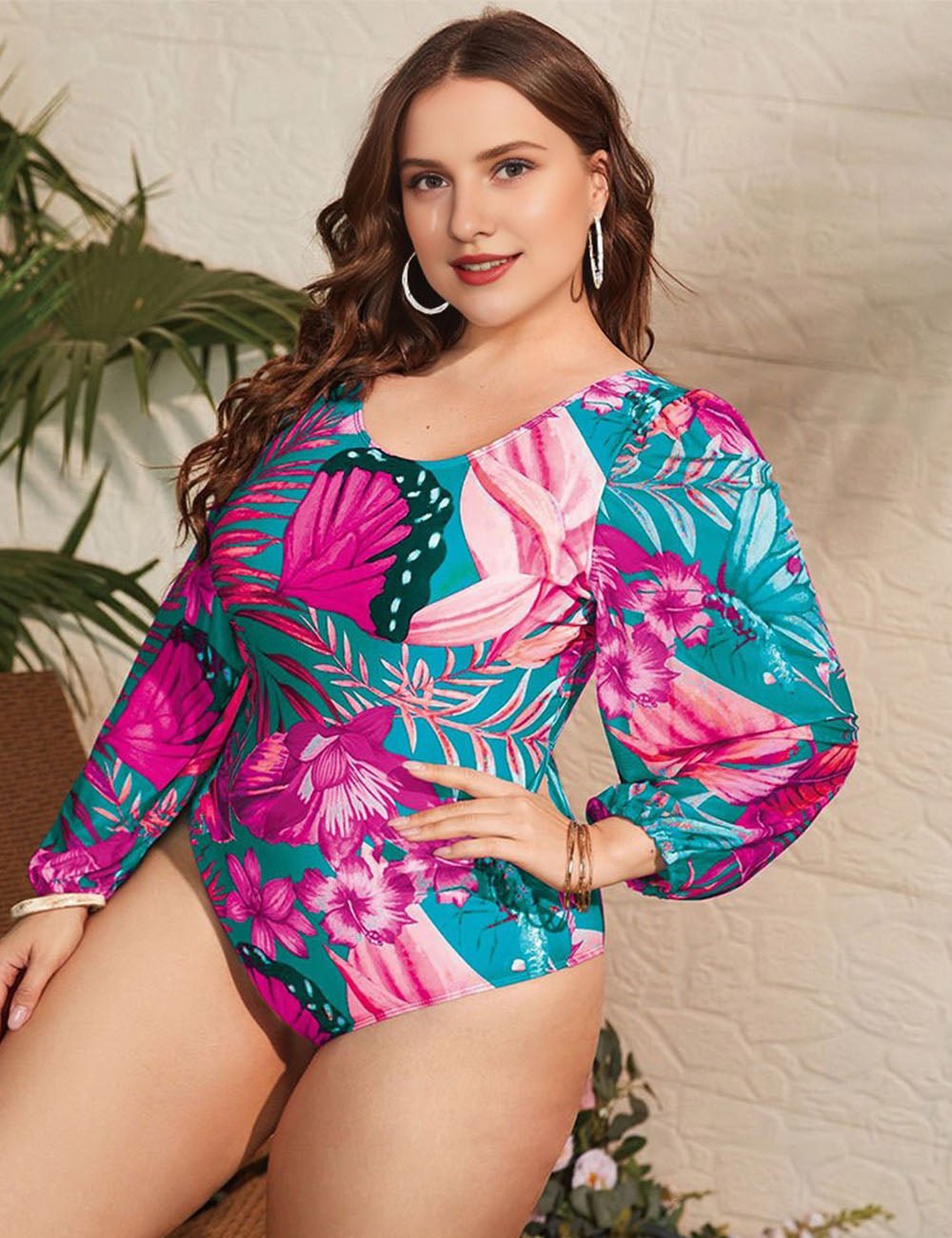 Women Plus Size Long Sleeve Printed One - Piece Swimsuit - PRUSES