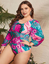 Women Plus Size Long Sleeve Printed One - Piece Swimsuit - PRUSES