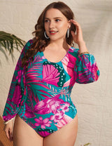 Women Plus Size Long Sleeve Printed One - Piece Swimsuit - PRUSES