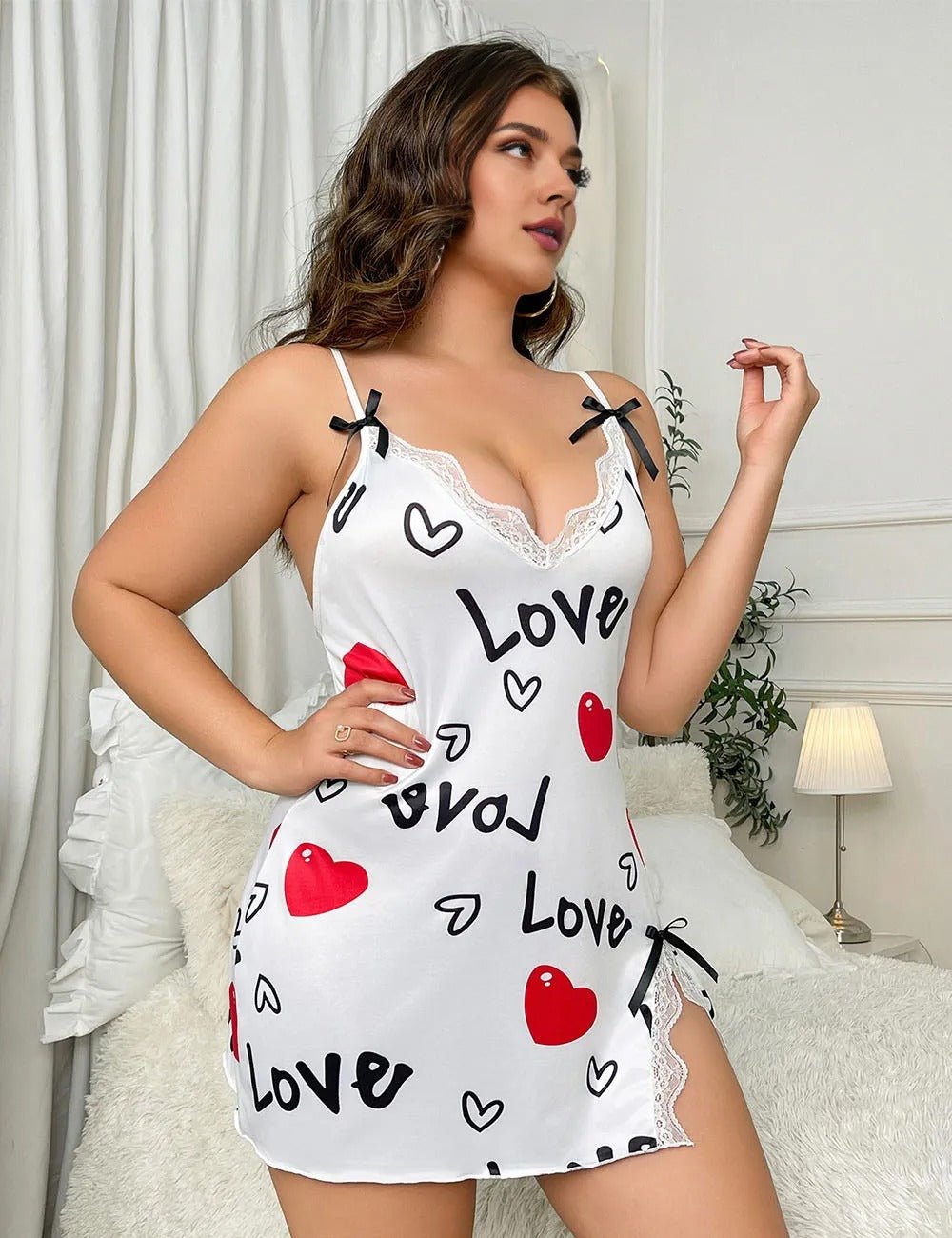 Women Plus Size Love Sleep Chemise Heart Print Babydoll - PRUSES