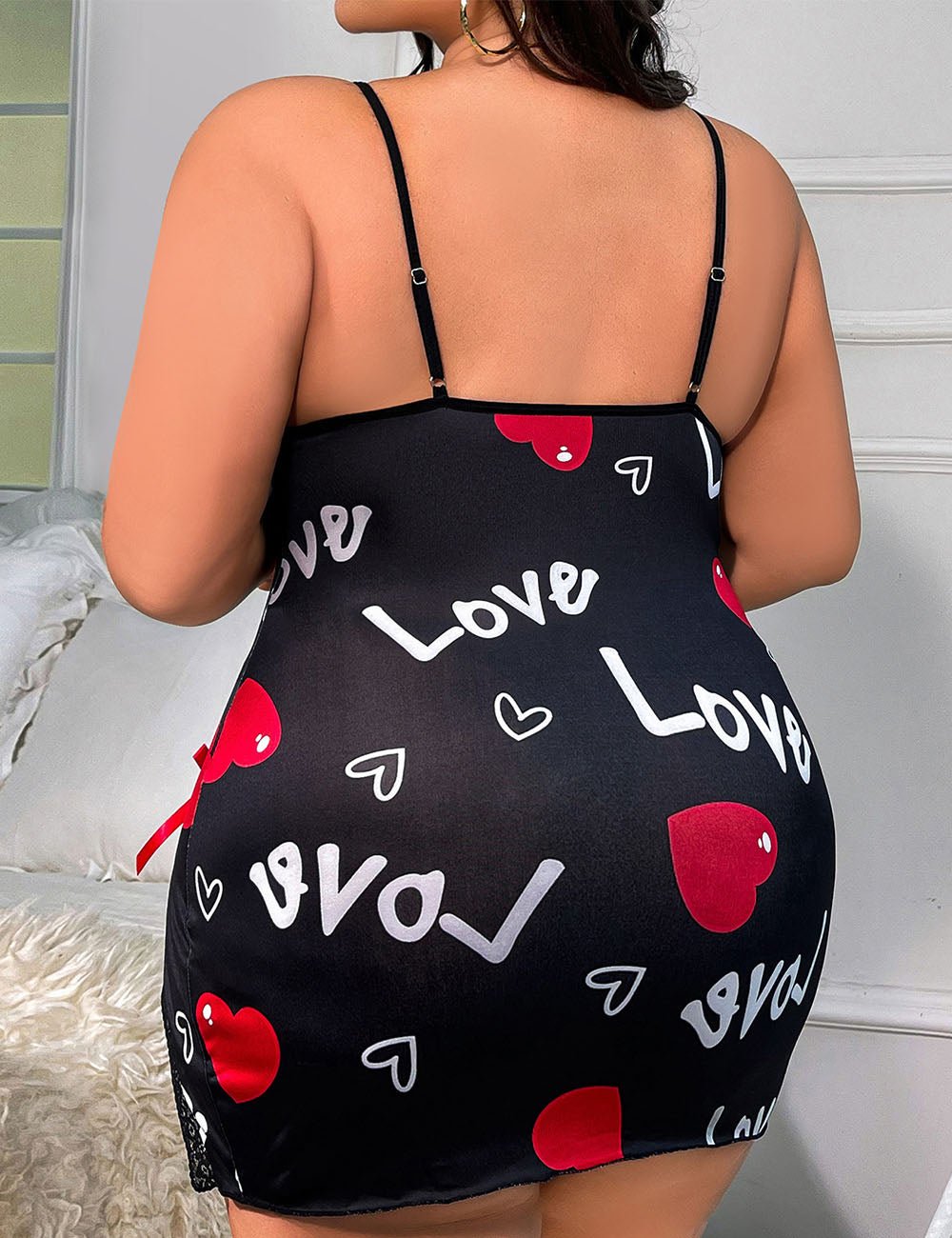 Women Plus Size Love Sleep Chemise Heart Print Babydoll - PRUSES