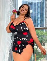 Women Plus Size Love Sleep Chemise Heart Print Babydoll - PRUSES