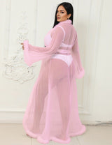 Women Plus Size Mesh Imitation Mink Fur Trim Long Robe With Belt - PRUSES