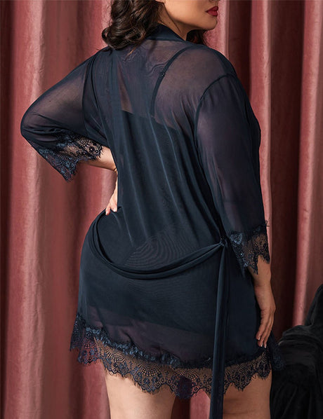 Women Plus Size Mesh Nightdress And Robe Two - Piece Set - PRUSES