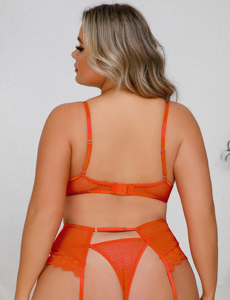 Women Plus Size Mesh Sheer Floral Lace Trim Bra Set - PRUSES