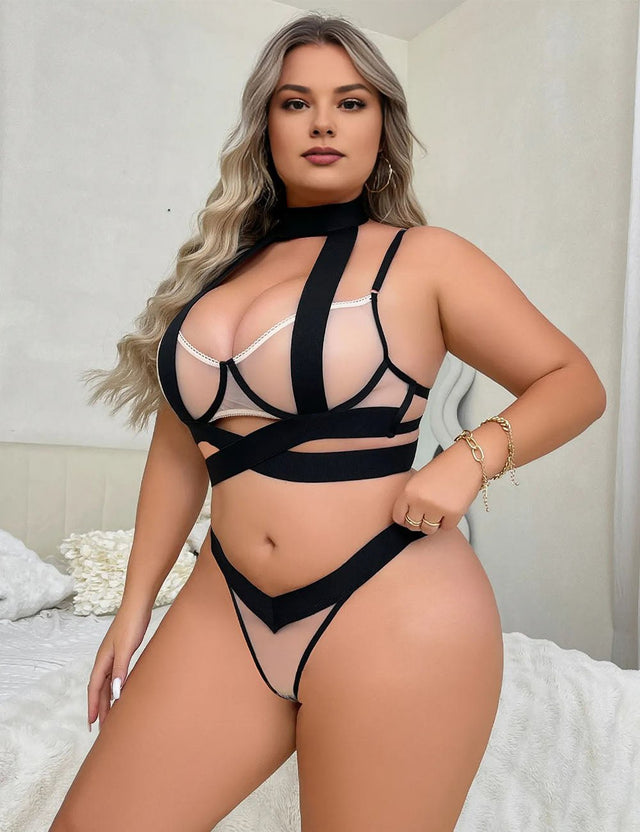 Women Plus Size Mesh Splicing See - through Bra Set - PRUSES