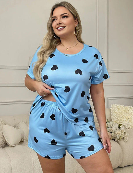 Women Plus Size Milk Silk Heart Print Pajama Set | PRUSES - PRUSES