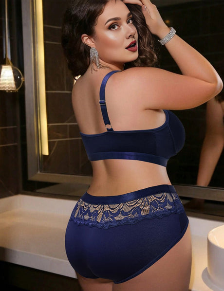 Women Plus Size Navy Blue Lace Patchwork Bra and Panty Set - PRUSES
