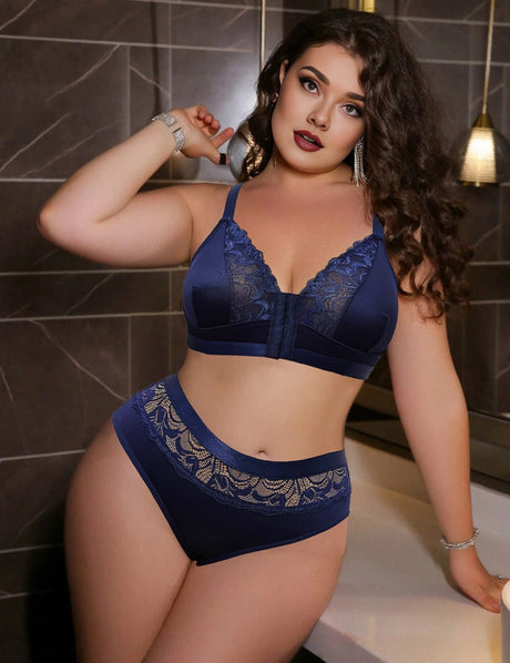 Women Plus Size Navy Blue Lace Patchwork Bra and Panty Set - PRUSES
