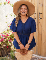Women Plus Size Navy Blue Short Sleeve Tassel Tie Drawstring Tops - PRUSES