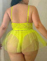 Women Plus Size Lace Sheer Babydoll  Neon Yellow