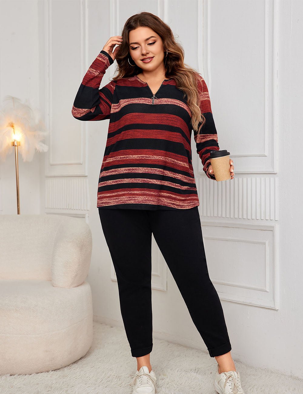 Women Plus Size O - Ring Zip Front Striped Top | PRUSES - PRUSES