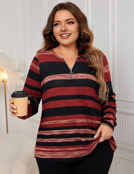 Women Plus Size O - Ring Zip Front Striped Top | PRUSES - PRUSES