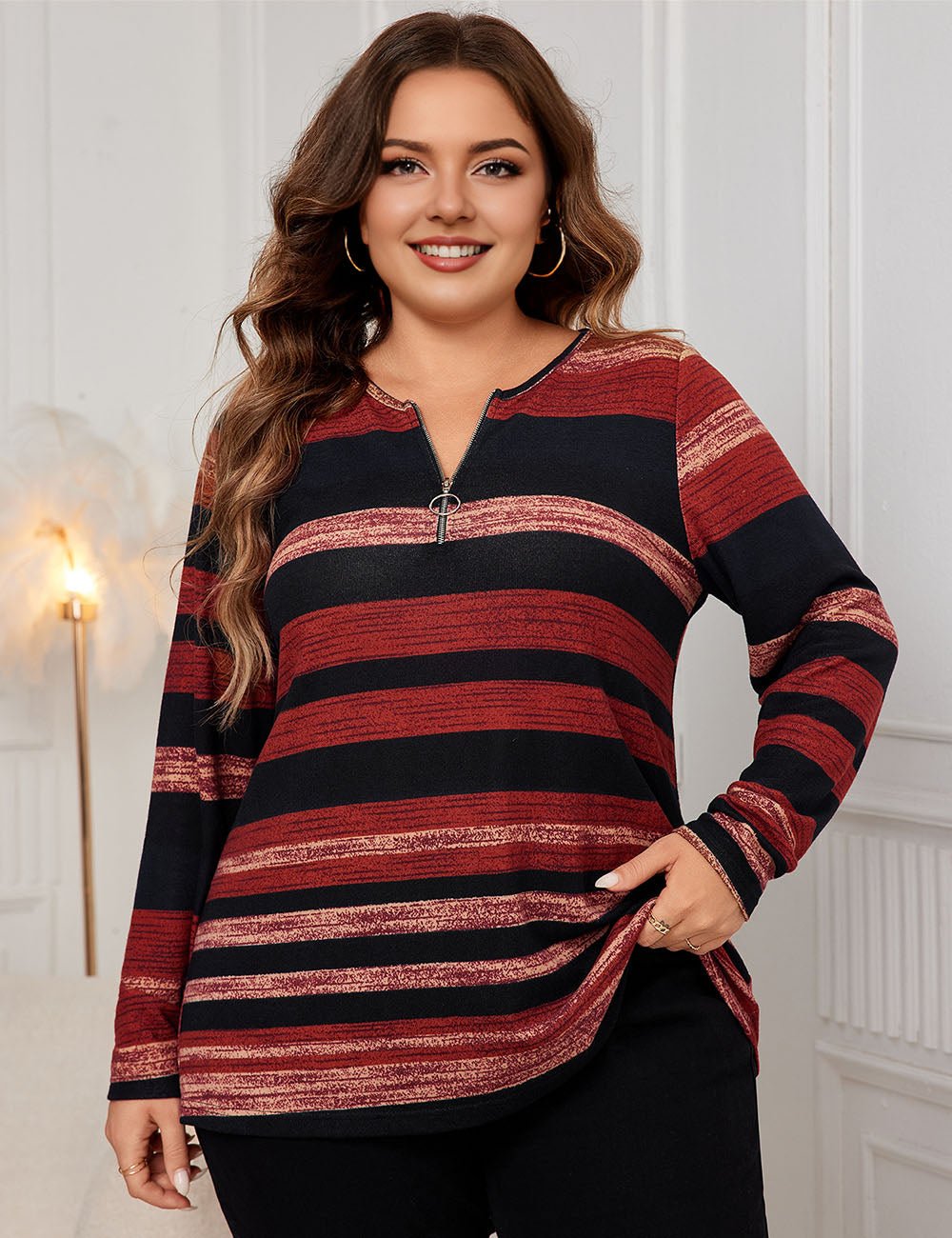 Women Plus Size O - Ring Zip Front Striped Top | PRUSES - PRUSES