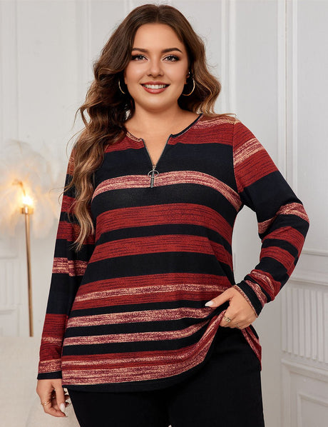 Women Plus Size O - Ring Zip Front Striped Top | PRUSES - PRUSES
