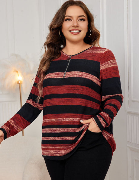 Women Plus Size O - Ring Zip Front Striped Top | PRUSES - PRUSES