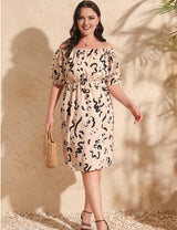 Women Plus Size Off Shoulder Floral Print Waist - Cinching Dress | PRUSES - PRUSES