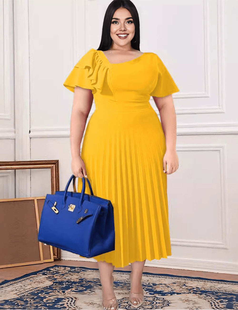 Women Plus Size Off - shoulder Ruffle Pleated Skirt Temperament Dress - PRUSES