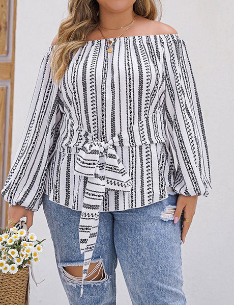 Women Plus Size Off - Shoulder Vertical Striped Shirt | PRUSES - PRUSES