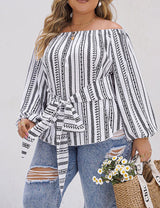 Women Plus Size Off - Shoulder Vertical Striped Shirt | PRUSES - PRUSES