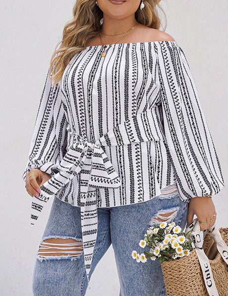 Women Plus Size Off - Shoulder Vertical Striped Shirt | PRUSES - PRUSES