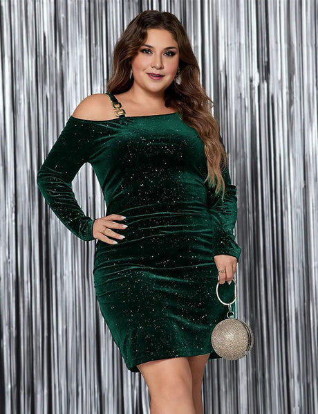 Women Plus Size Off - The - Shoulder Sequined Fitted Dress - PRUSES