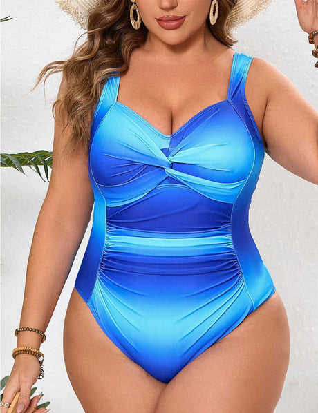 Women Plus Size Ombre Twist Front Ruched One Piece Swimsuit - PRUSES