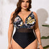 Women Plus Size One - Piece Black Printed Hollow Swimsuit - PRUSES