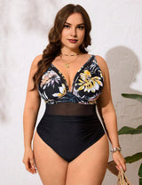 Women Plus Size One - Piece Black Printed Hollow Swimsuit - PRUSES