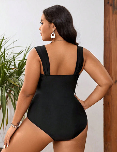 Women Plus Size One Piece Black V - Neck Swimsuit - PRUSES