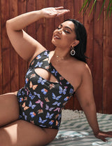 Women Plus Size One - shoulder Butterfly Print One - piece Swimsuit - PRUSES