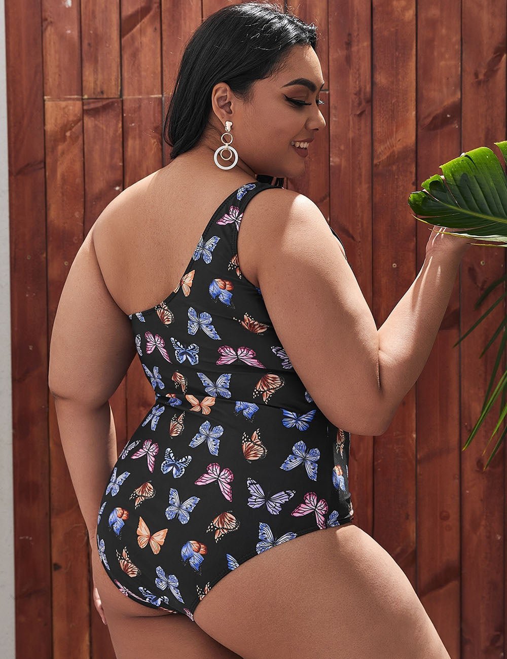 Women Plus Size One - shoulder Butterfly Print One - piece Swimsuit - PRUSES