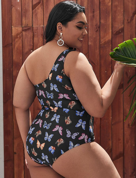 Women Plus Size One - shoulder Butterfly Print One - piece Swimsuit - PRUSES