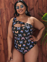 Women Plus Size One - shoulder Butterfly Print One - piece Swimsuit - PRUSES